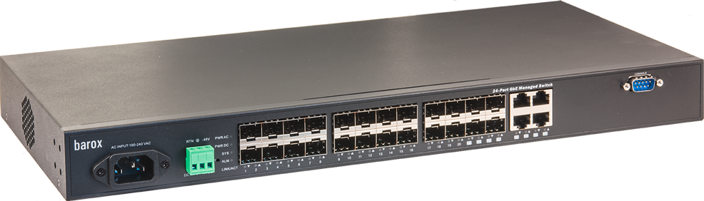 24-port network switch with Gigabit Ethernet ports and power supply.