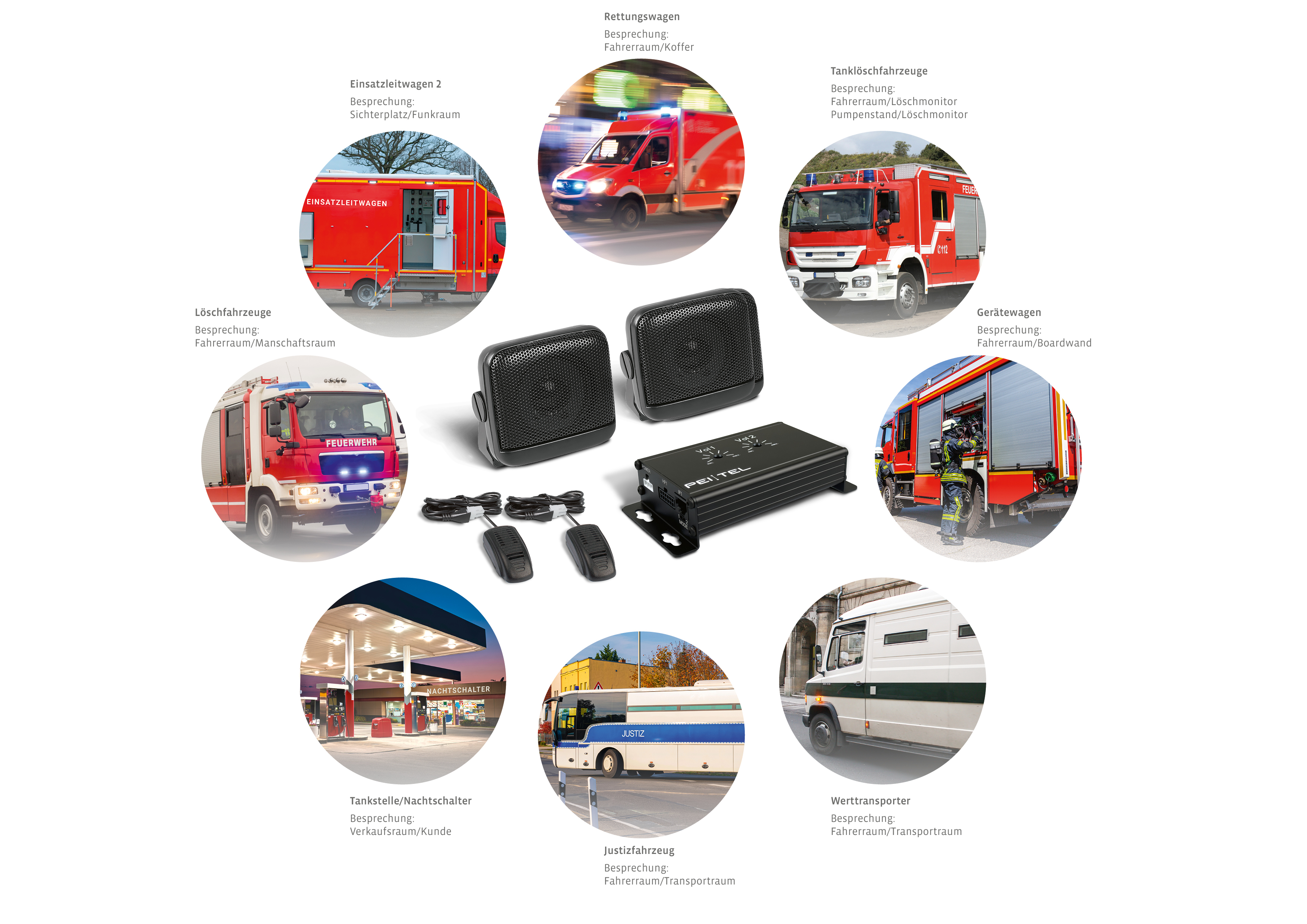 Various emergency vehicles and equipment arranged in a circle around speaker system.