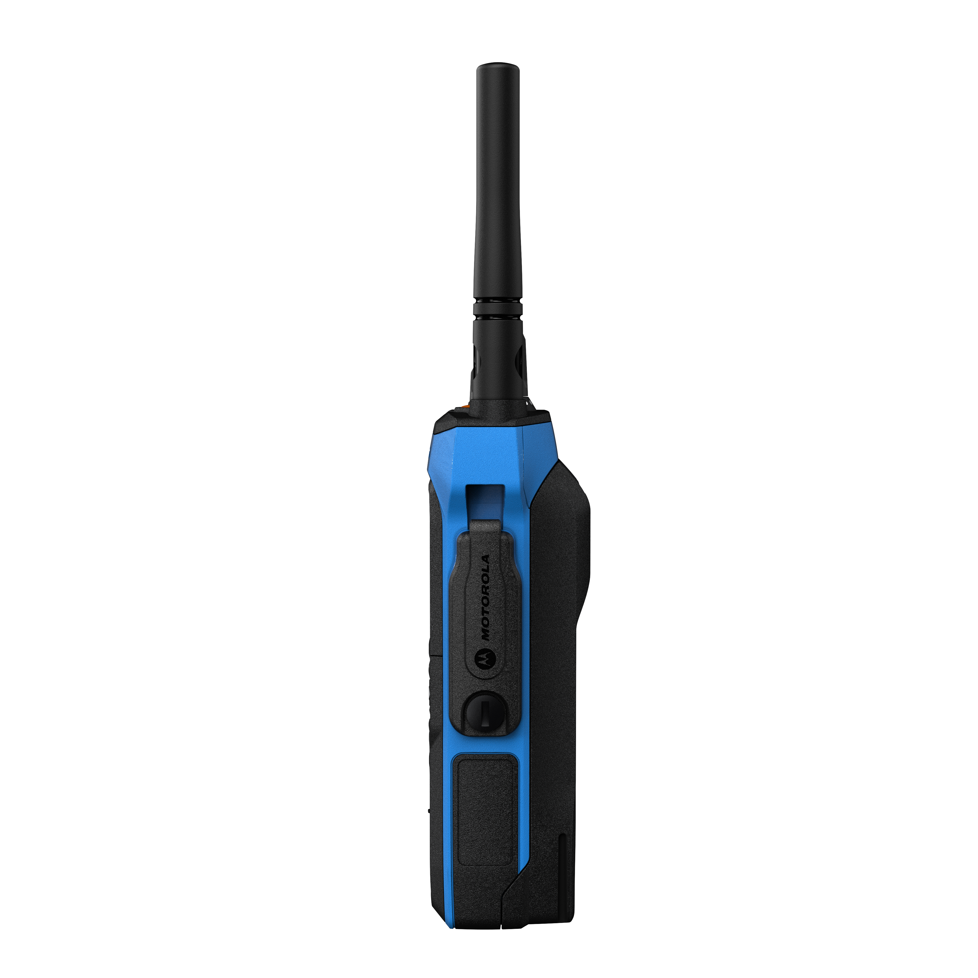 A blue and black handheld radio with antenna, oriented vertically.