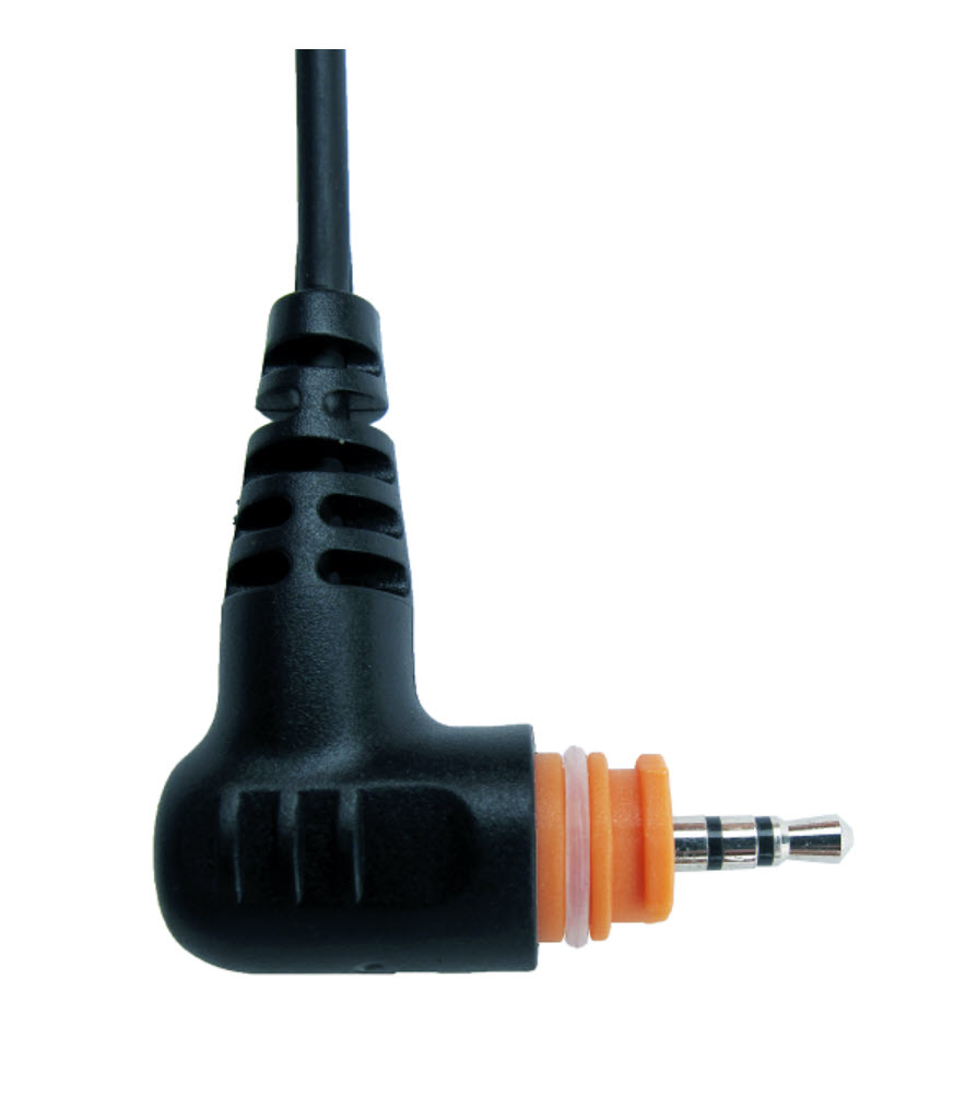 Schwarzer abgewinkelter Klinkenstecker mit orangefarbenem Ring und Kabel