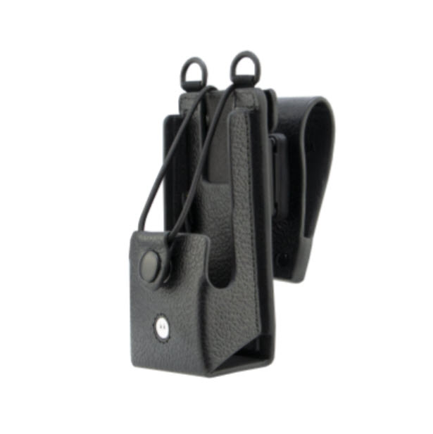 Black leather holster with attachment clip and elastic straps.