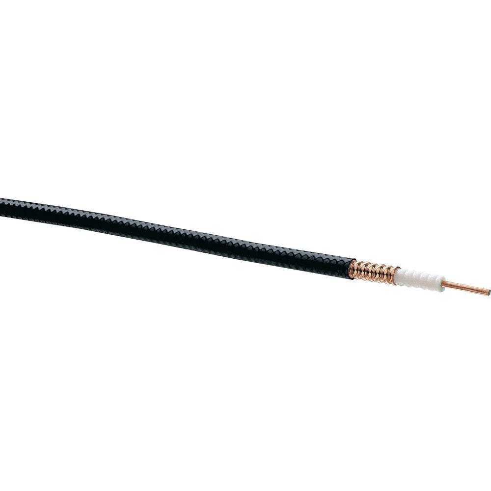 Coaxial cable with black sheath and visible copper core.