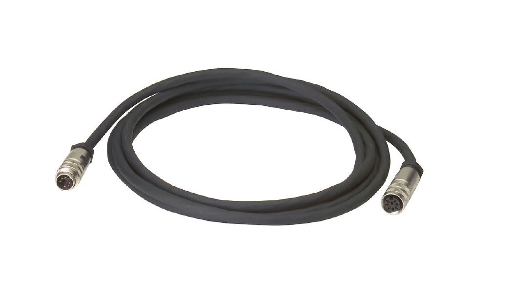 Schwarzes Kabel mit zwei runden Metallsteckern an beiden Enden.