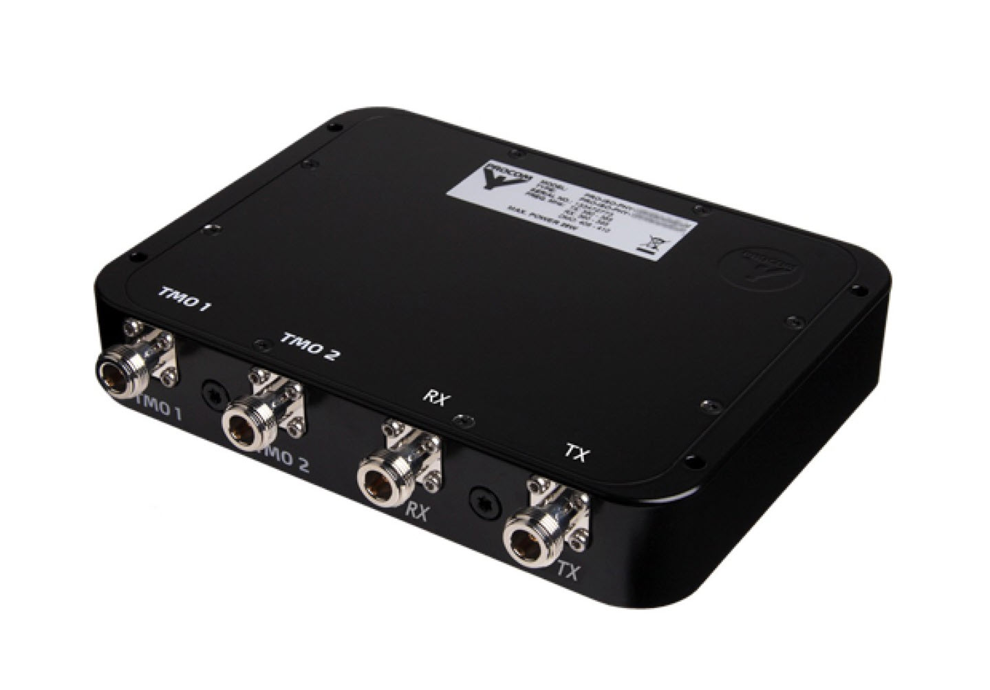 Schwarzes Gerät mit Anschlüssen TMO1, TMO2, RX, TX; Typenschild mit Spezifikationen.