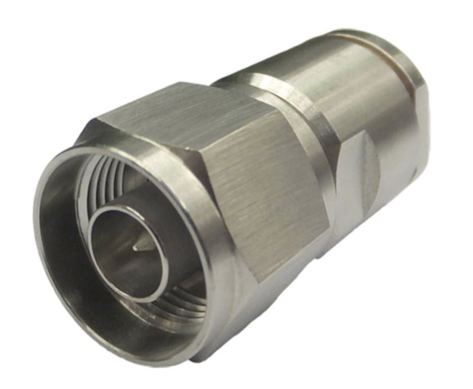 A silver metal coaxial connector with hexagonal fitting.