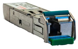 An SFP network module with a metal casing and connector openings.