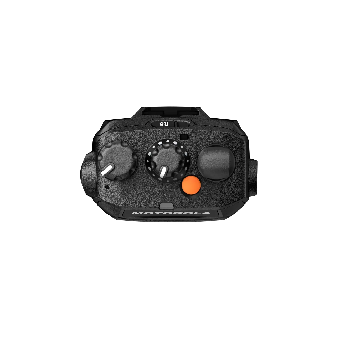 Black electronic device with dials and an orange button.