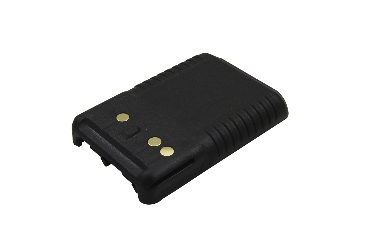 Black battery with gold contacts, rectangular, rounded corners.