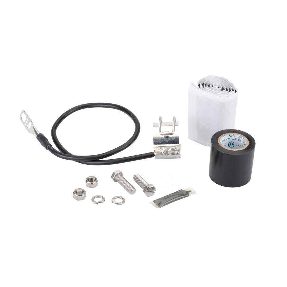 Set of electrical components: cable, clamps, screws, nuts, tape, and insulating material.