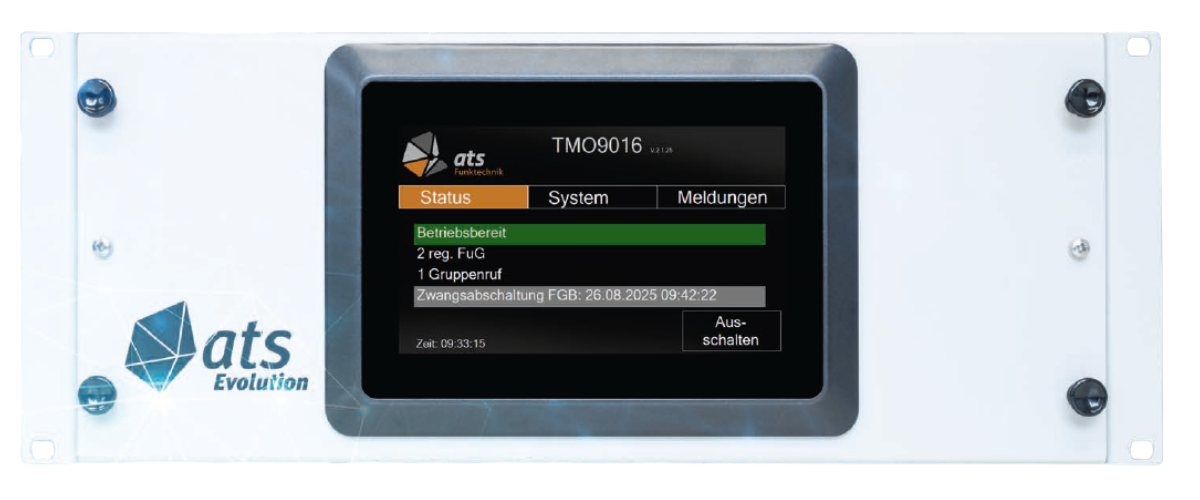 Elektronisches Display mit Statusanzeige: Betriebsbereit, zwei registrierte Geräte, ein Gruppenruf.