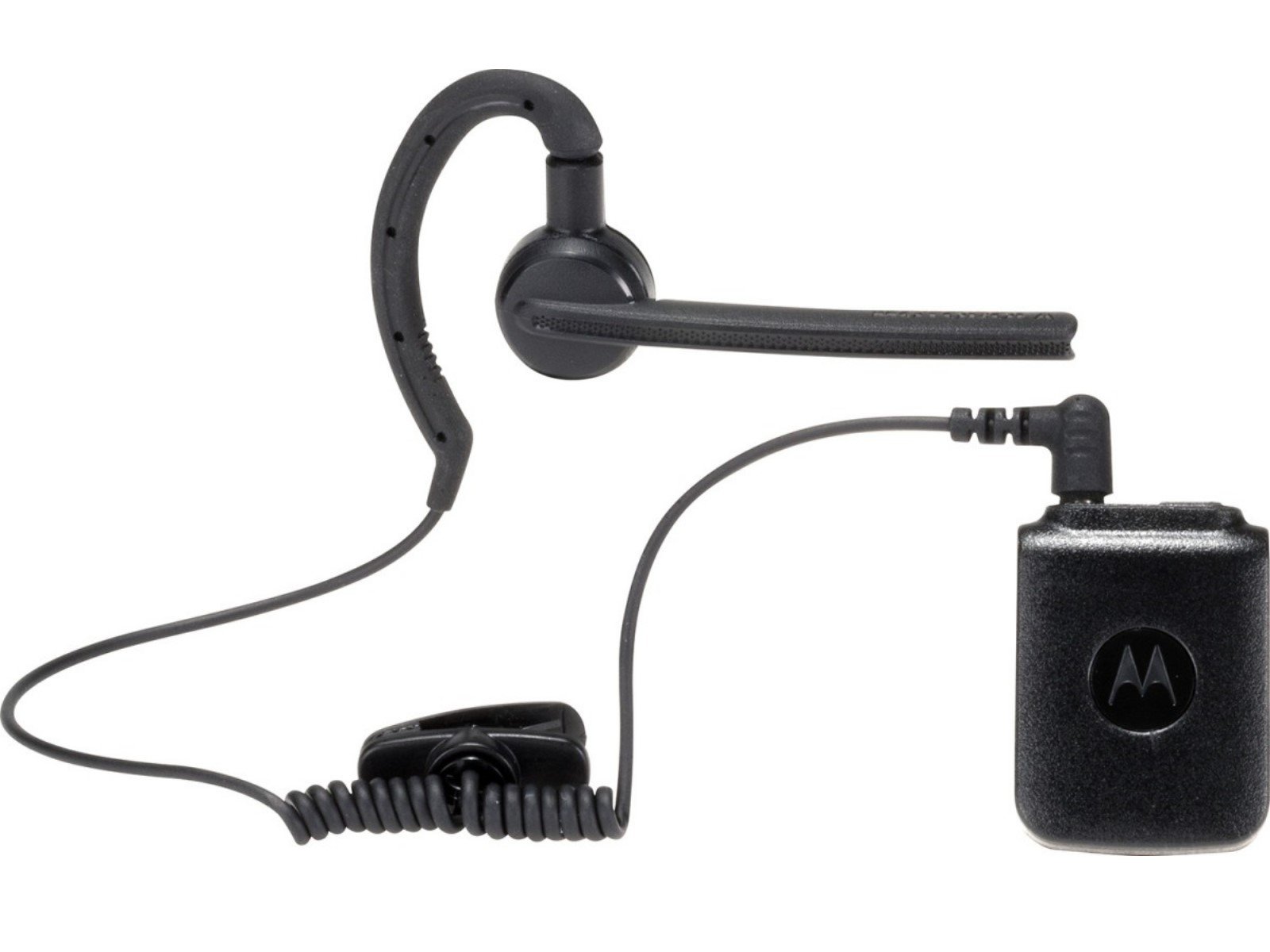 Schwarzes Headset mit Ohrbügel und Mikrofon, verbunden mit kabelgebundenem Steuergerät.