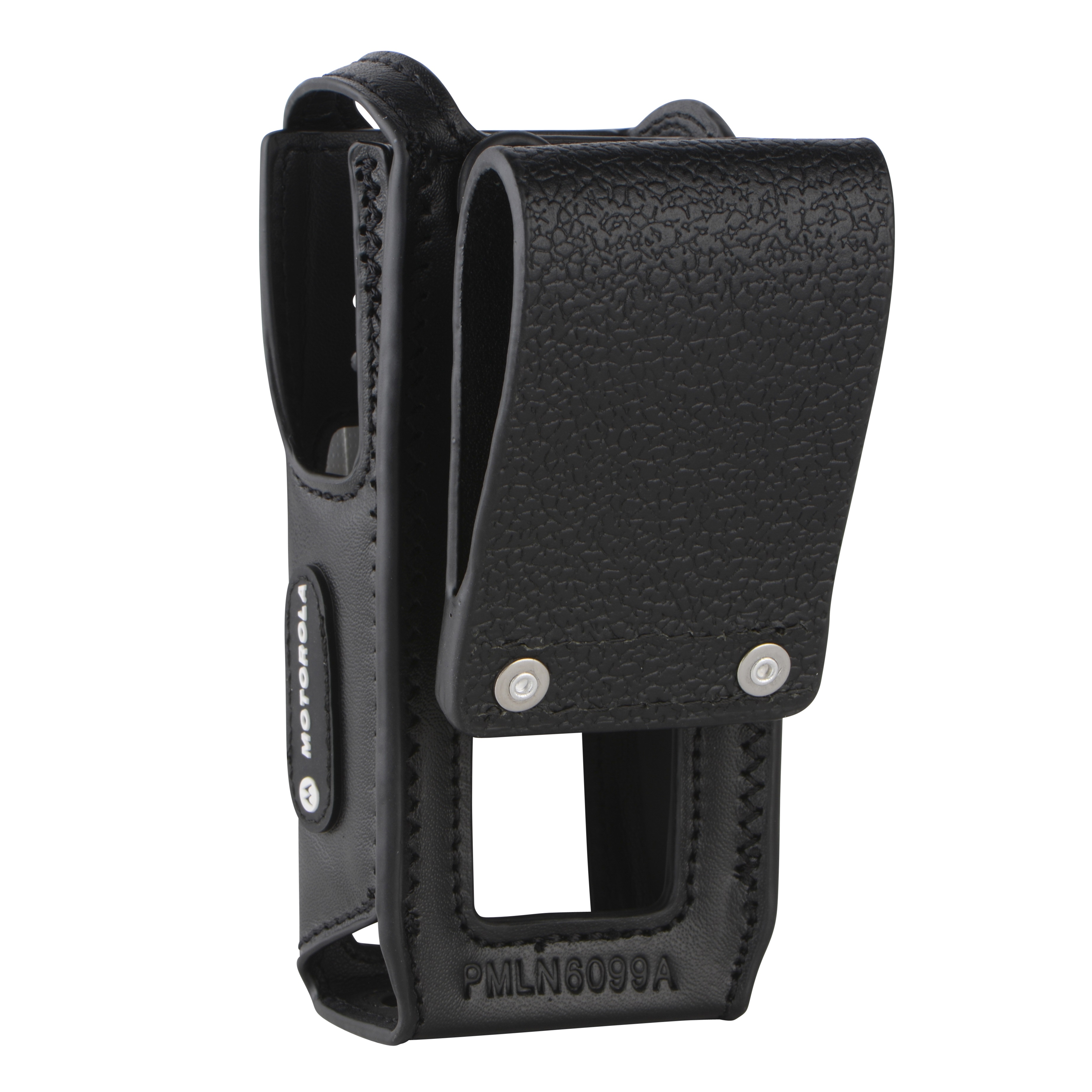 Schwarzes Lederholster für Funkgerät mit Gürtelclip.