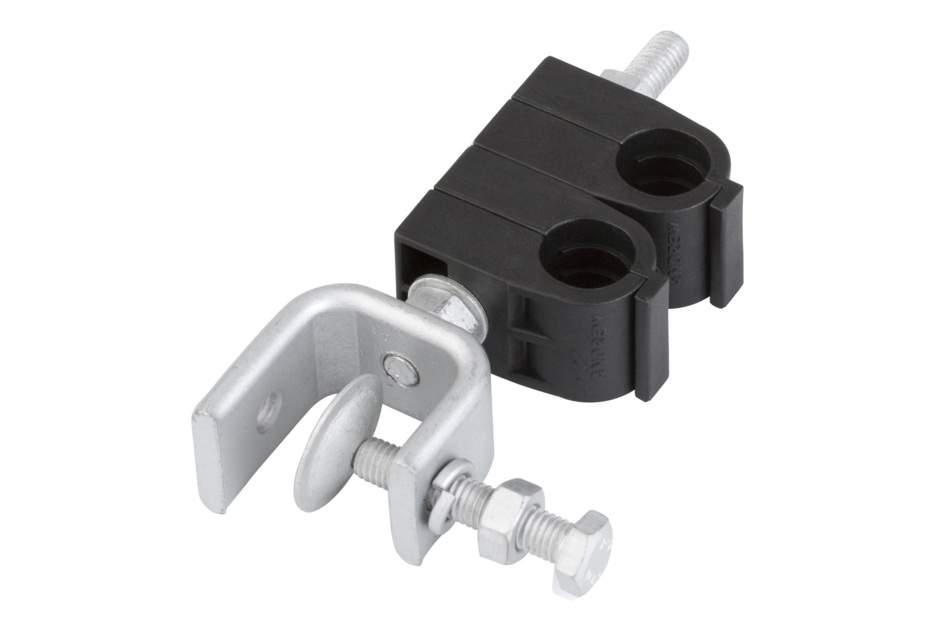 Metal clamp with two screwable plastic brackets.