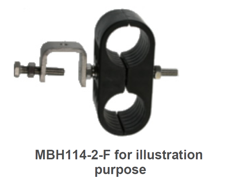 Schwarze Rohrschelle mit Metallhalterung rechts.