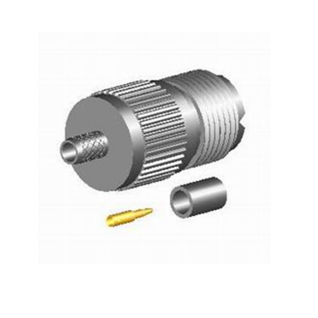 Explodierte Zeichnung eines Koaxialkabel-Verbinders mit Einzelteilen.