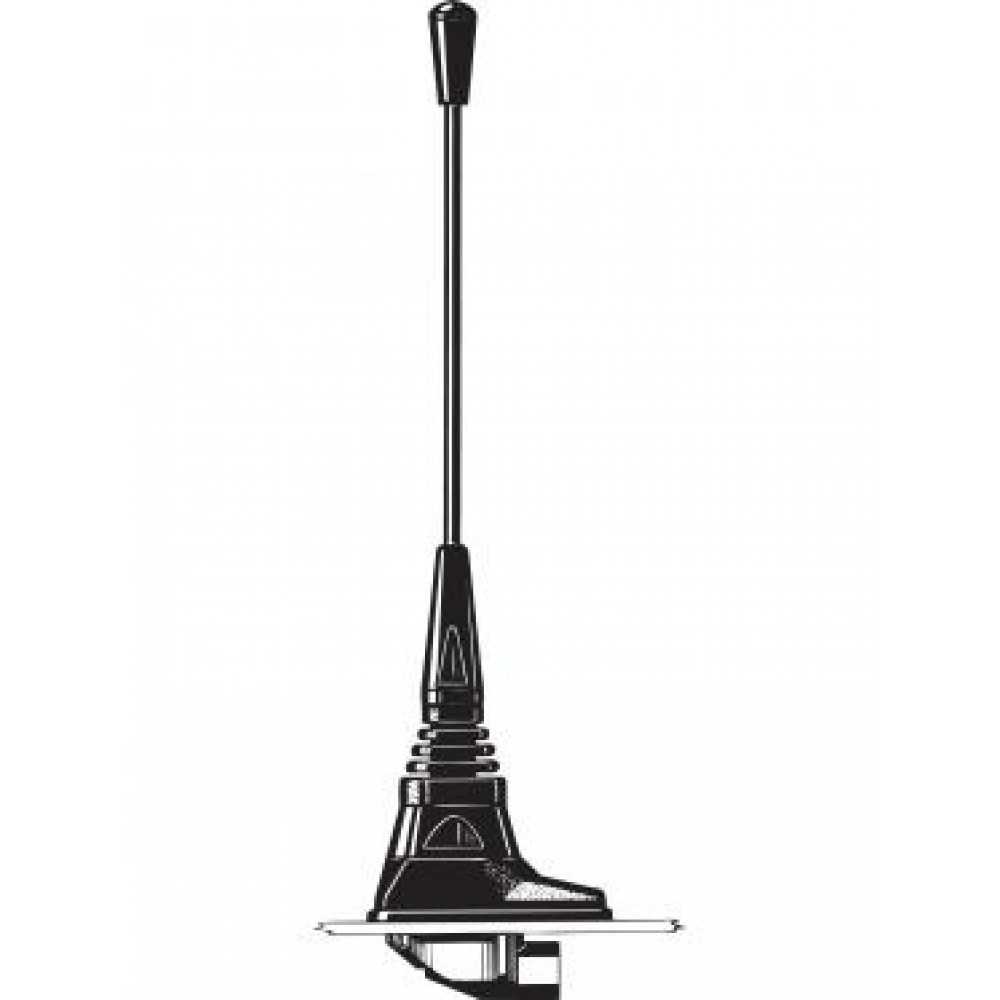 Black and white drawing of a car antenna with a mounted base.