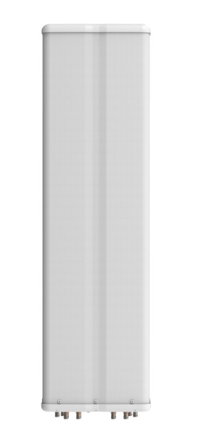 Weiße zylindrische Antenne mit Anschlüssen unten.