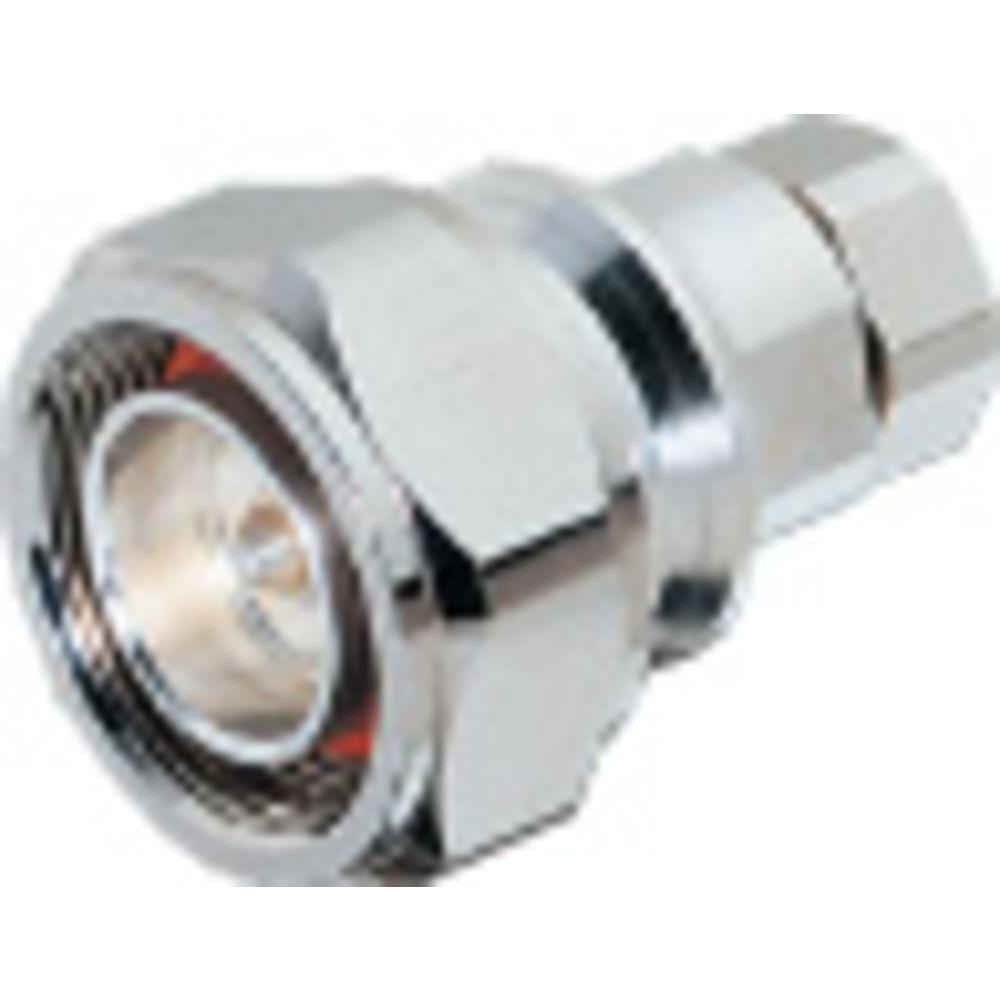 Metallischer Steckverbinder, zylindrische Form mit Gewinde und polierter Oberfläche.