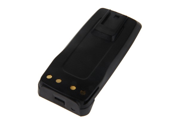 7000_00753688_COP_02.jpg Schwarzer rechteckiger Akkupack mit drei goldenen Kontakten und Gürtelclip.