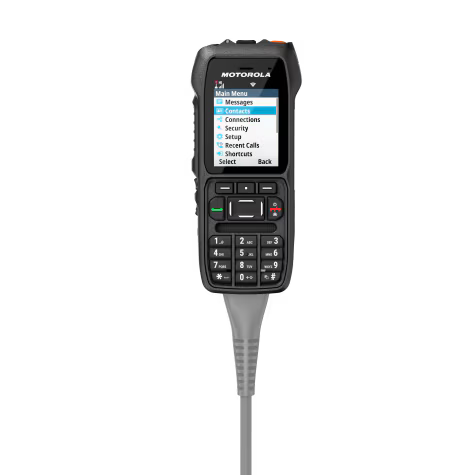 Black-grey handheld radio with display, menu, and buttons.