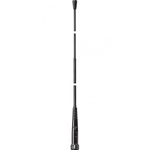Zerlegte mehrteilige schwarze Teleskopantenne auf weißem Hintergrund.