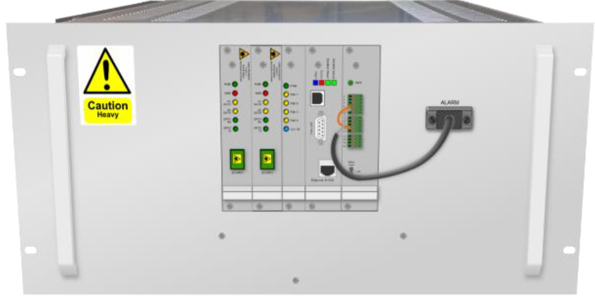 Front panel with controls and heavy equipment warning label.