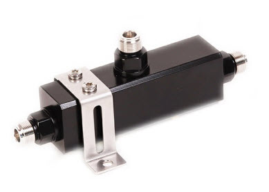 Black electronic component with two connectors and mounting bracket.
