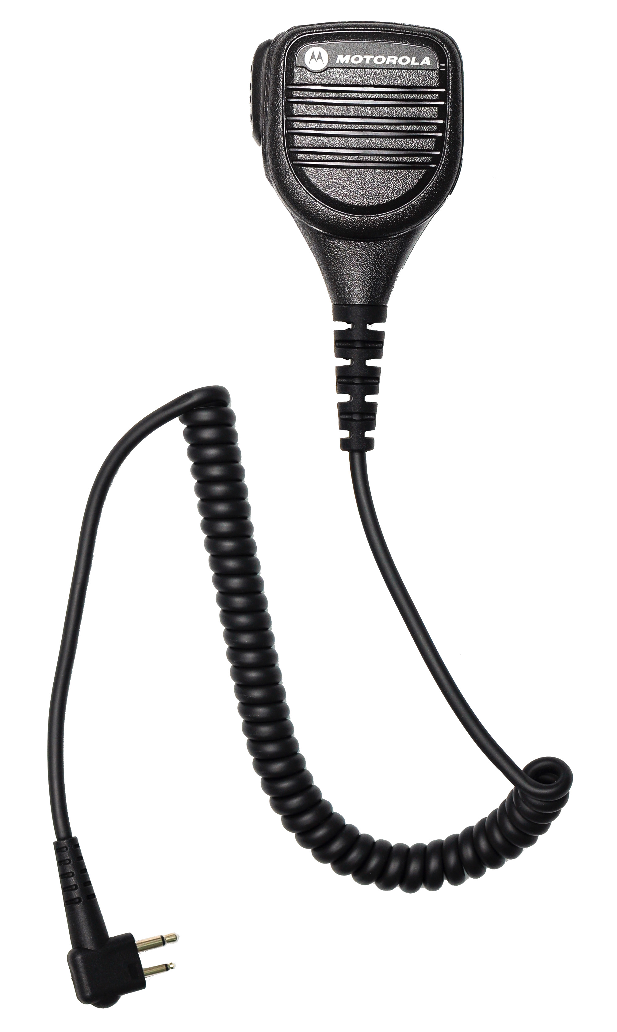 7000-00422100_mot_01.jpg Black handheld microphone with coiled cord and dual plug.