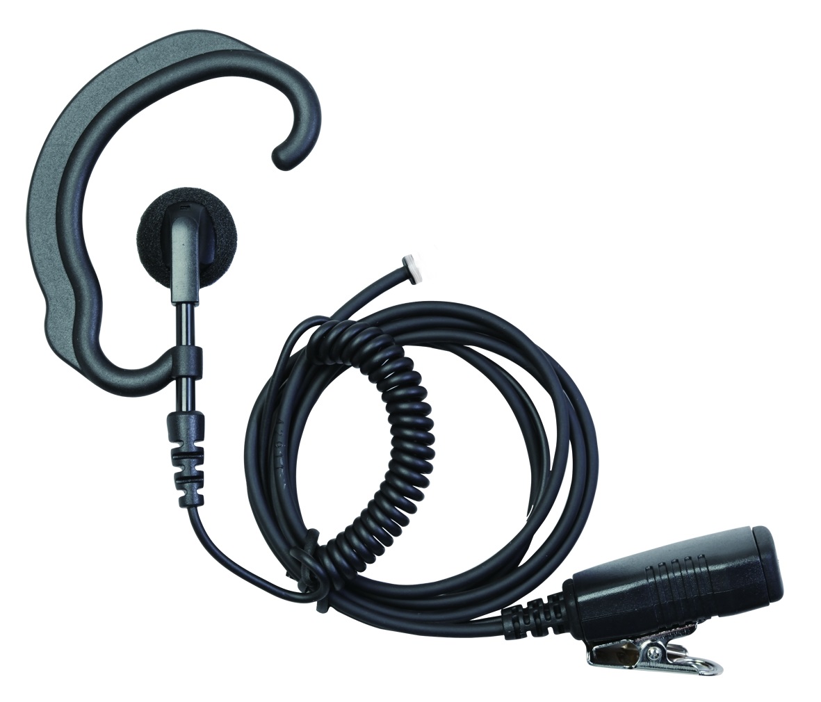 Schwarzes Ohrhörer-Headset mit spiralförmigem Kabel und Metallclip.