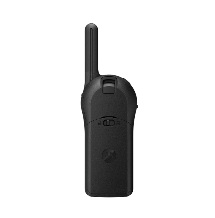 Black walkie-talkie, rear view with antenna and slider.