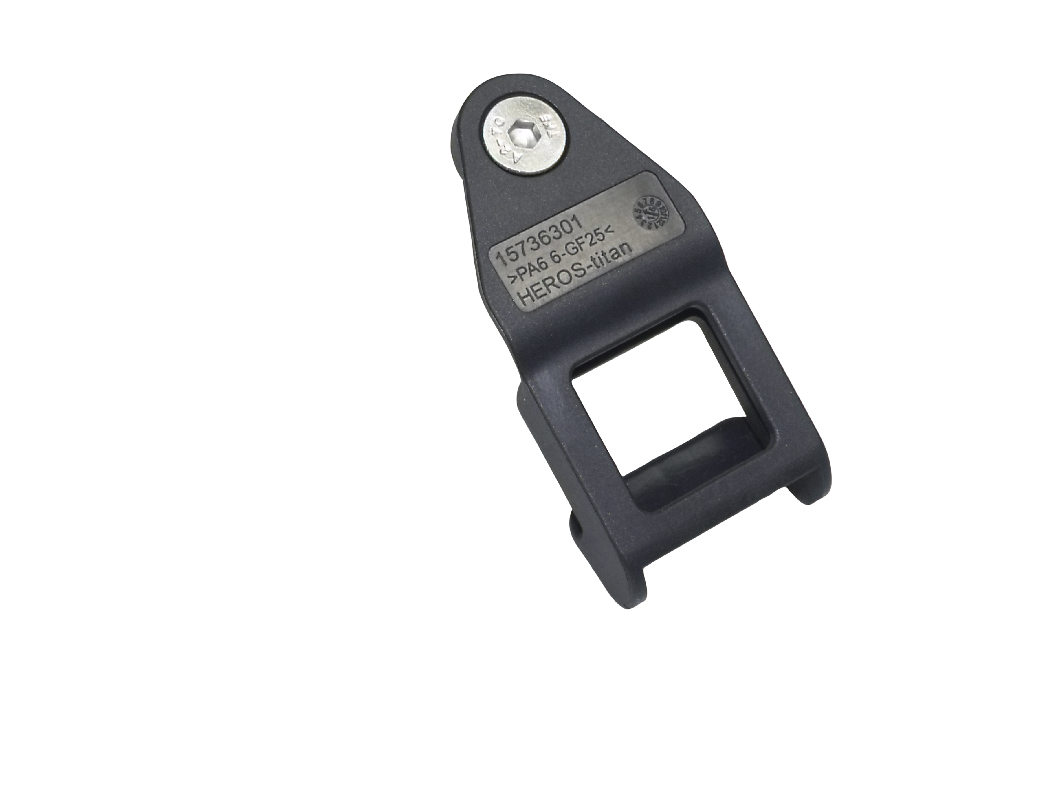 Black plastic clip with screw and engraving 'HEROS-titan'.