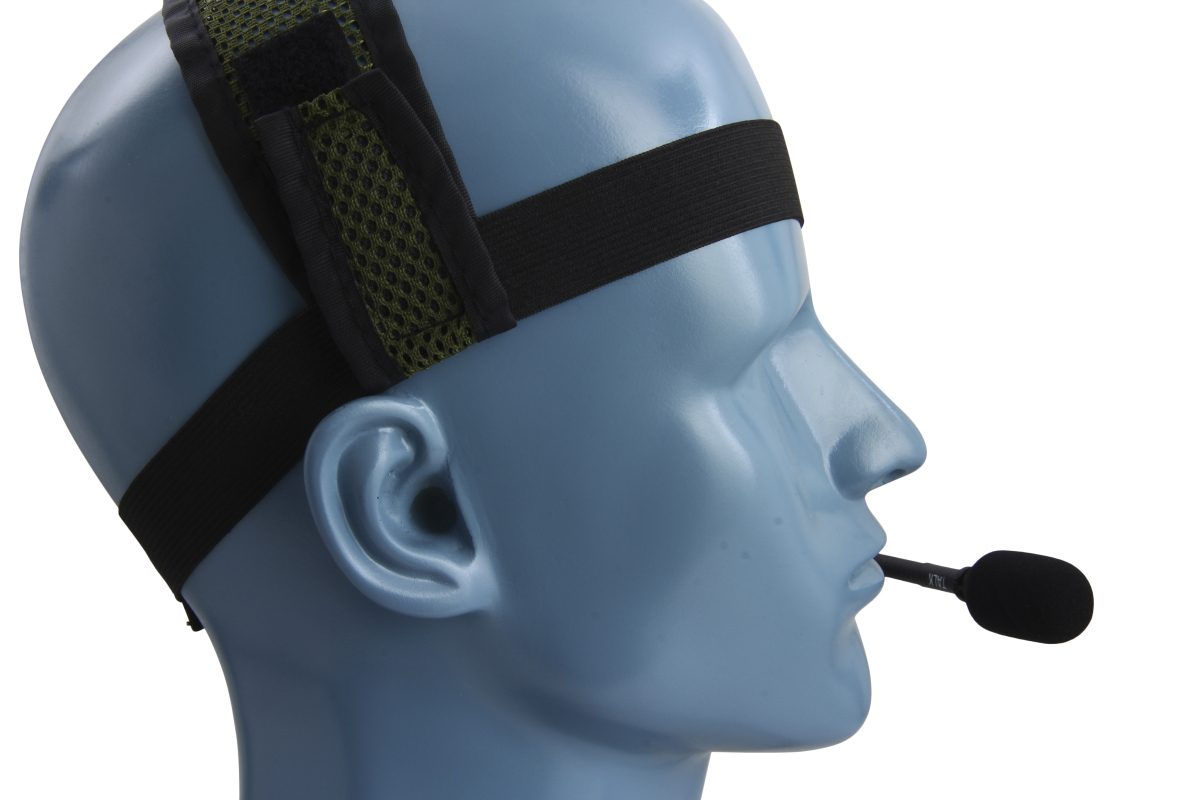 Blue mannequin head with headband and microphone.