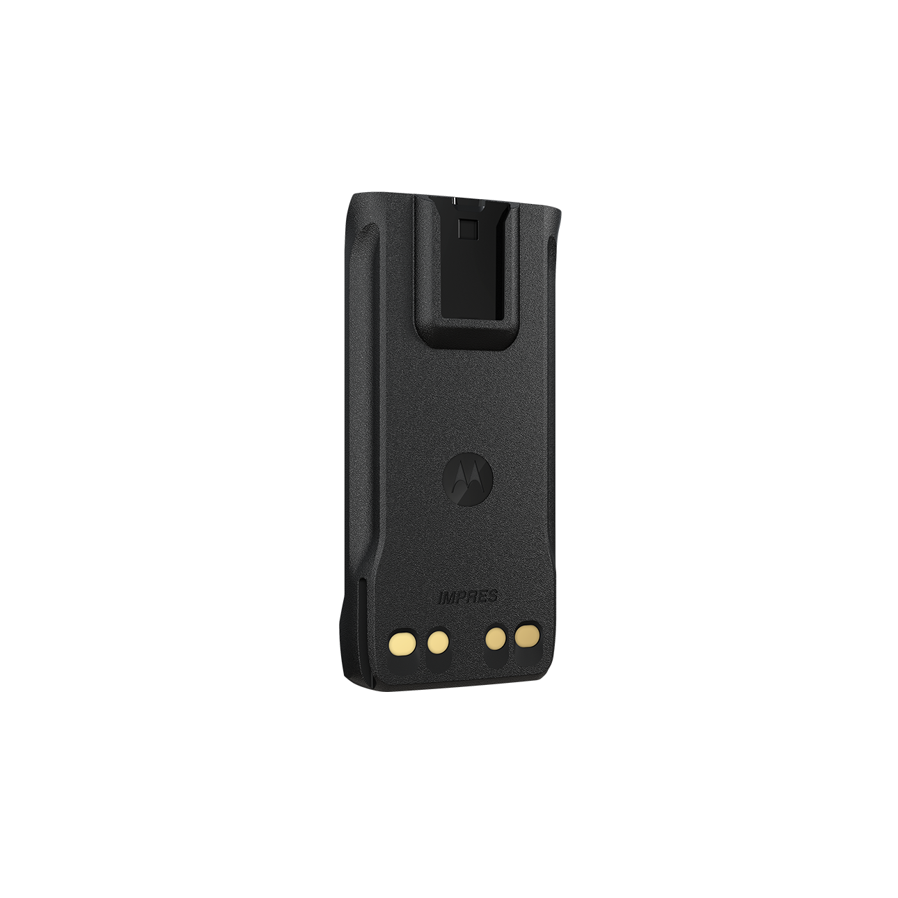 Schwarzer Akku mit gelben Kontakten, Motorola-Logo sichtbar.