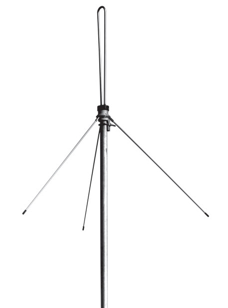 Metallantenne mit drei abstehenden Elementen auf vertikalem Rohr.