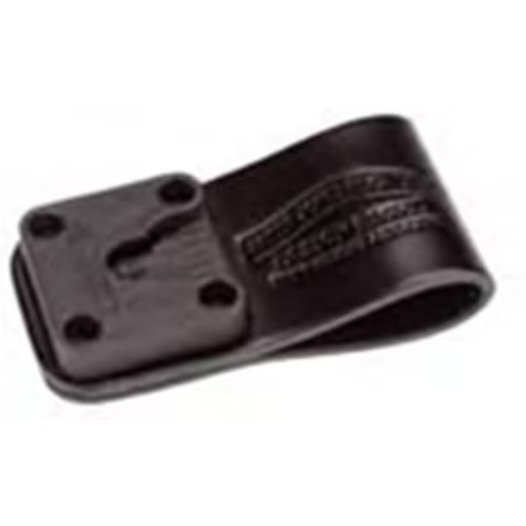 Black plastic belt clip with four screw holes.