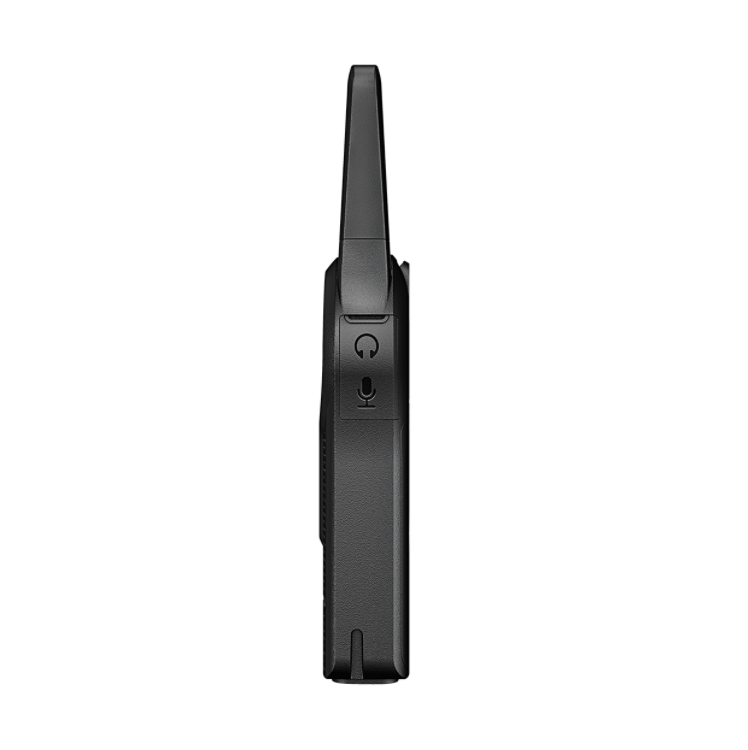 Side view of a black portable radio with antenna and microphone symbol.