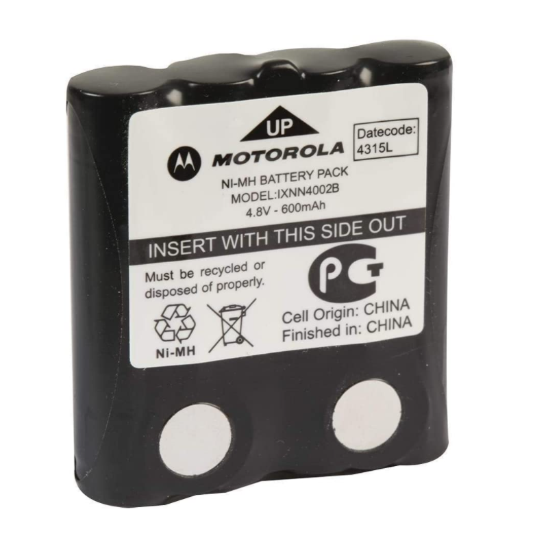 Motorola Ni-MH Batteriepack, Modell IXNN4002B, 4.8V 600mAh. Herkunft: China, Fertigung: China.