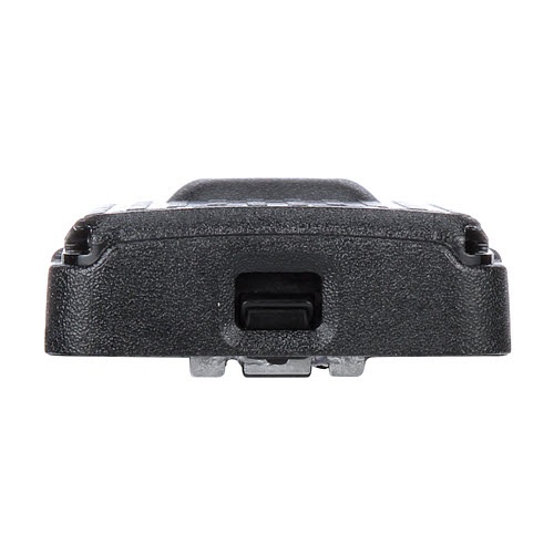 Rear view of a black electronic device with a connector in the center.