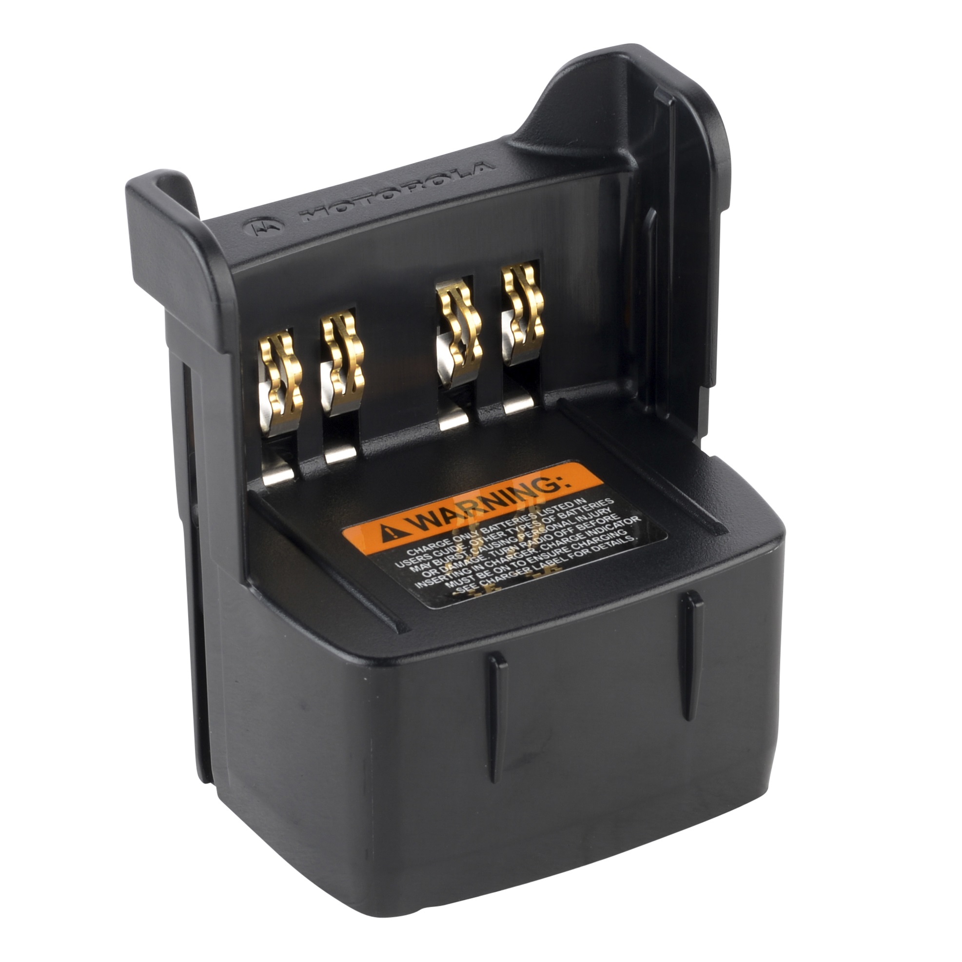 Black charger with three gold contacts and warning label on top.