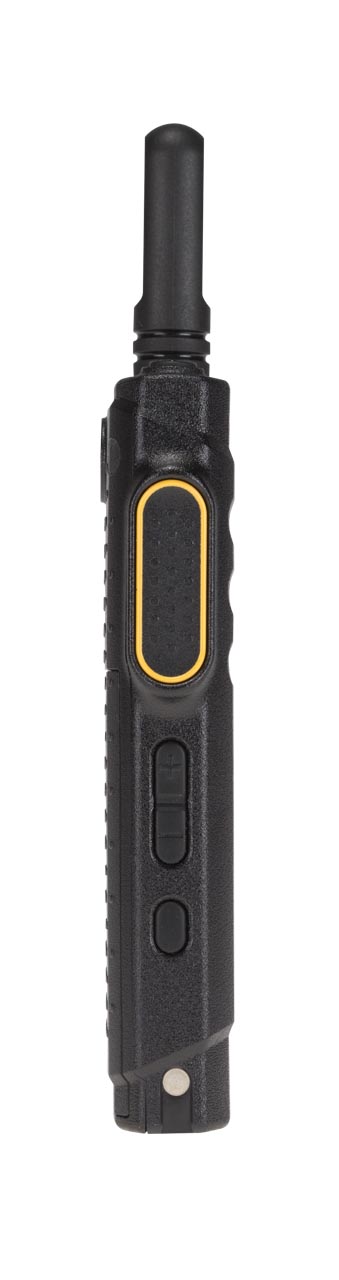 Side view of a black walkie-talkie with a yellow button.