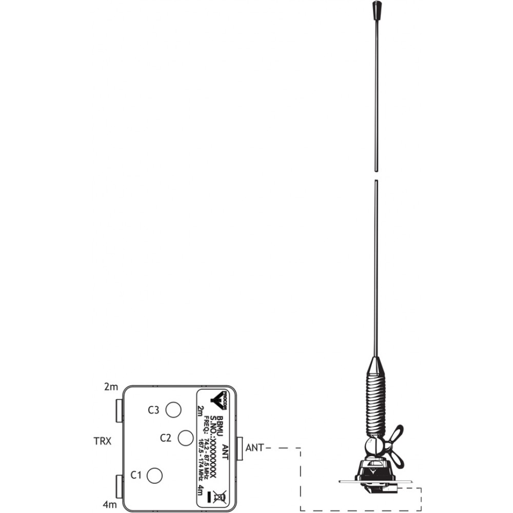 Diagramm einer montierten Antenne, verbunden mit einer TRX-Komponente mit Markierungen C1 bis C3.