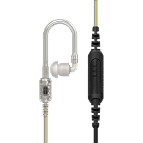 Transparent in-ear hearing device with flexible ear hook and yellow cable.
