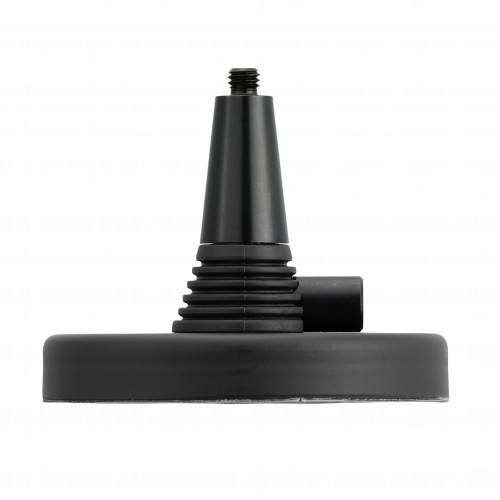 Black chair wheel base with threaded rod and rounded base.