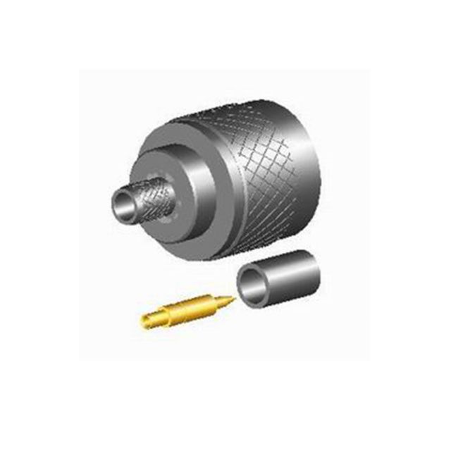 Koaxialstecker mit Hülse und Stift, zerlegt, oben rechts silber, unten links gold.