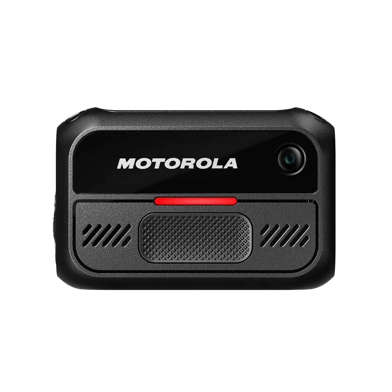 Schwarze Motorola-Kamera mit einem roten Knopf und Objektiv auf grünem Hintergrund.