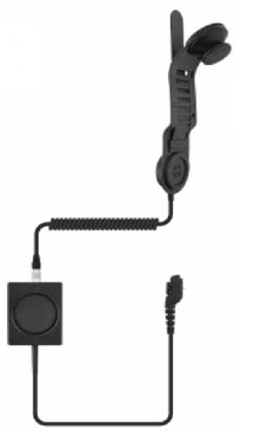 Schwarz-graues Headset mit Mikrofon und abnehmbarem Kabel für Helmbefestigung.