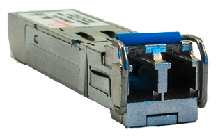 SFP module with LC connector and metal housing.