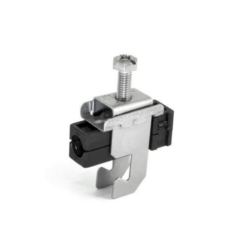 Silberne Klemme mit Schraube und schwarzem Kunststoffteil.