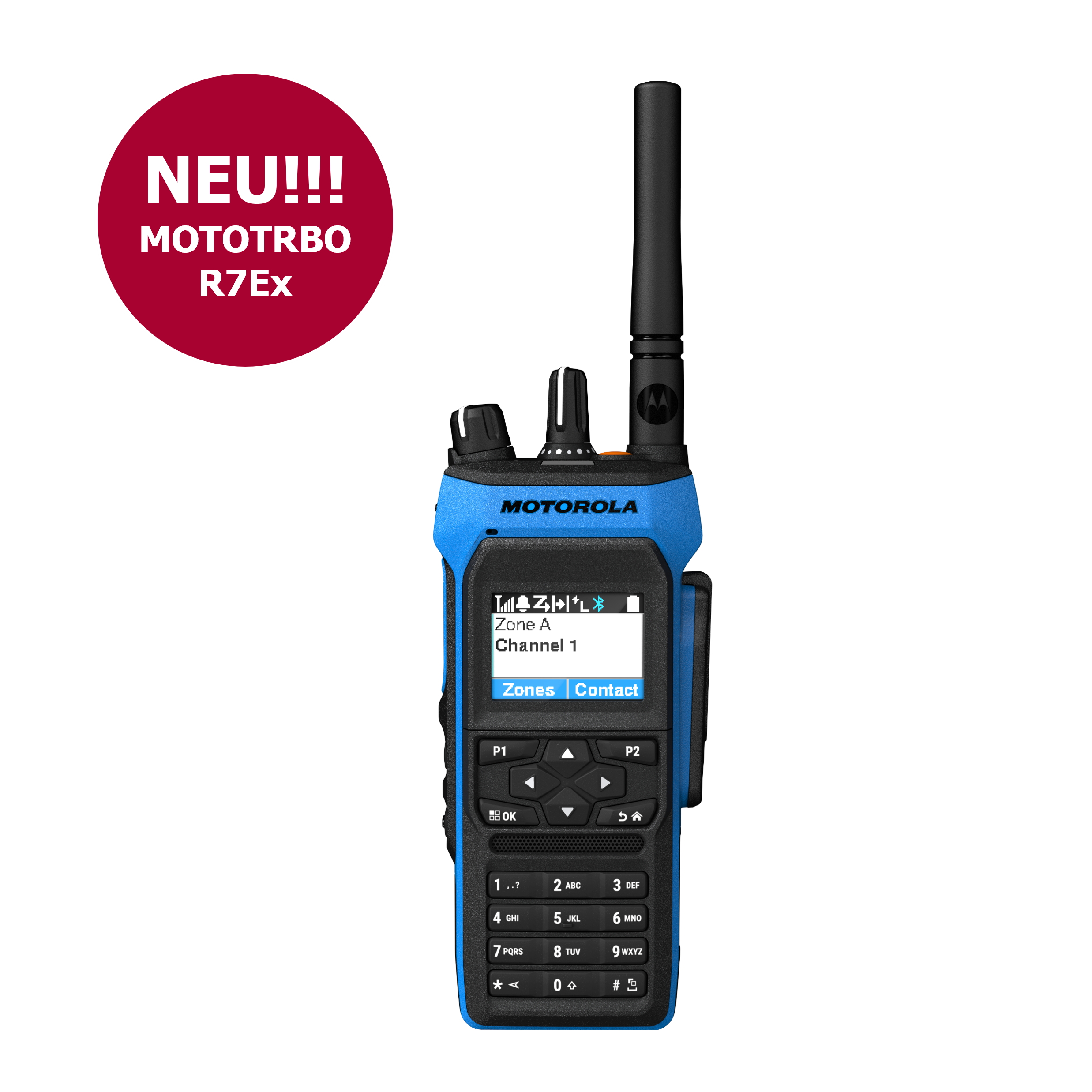 7000_00757921_MOT_01_NEU.png Radio with display text Zone A, Channel 1, circular NEW sticker above.