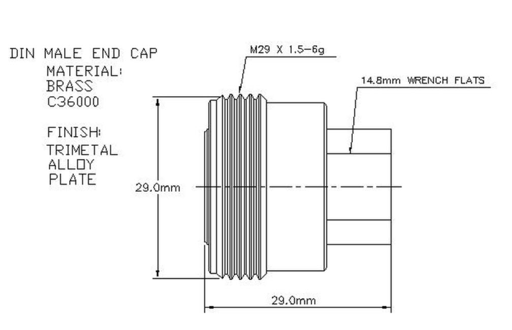 Technical drawing of a brass DIN end cap, 29mm diameter, 14.8mm wrench flats.